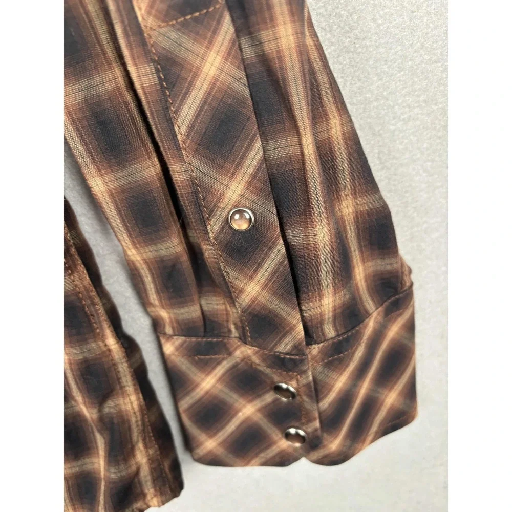 Banana Republic Shirt Mens XL Brown Plaid Western Pearl Snap Casual Long Sleeve